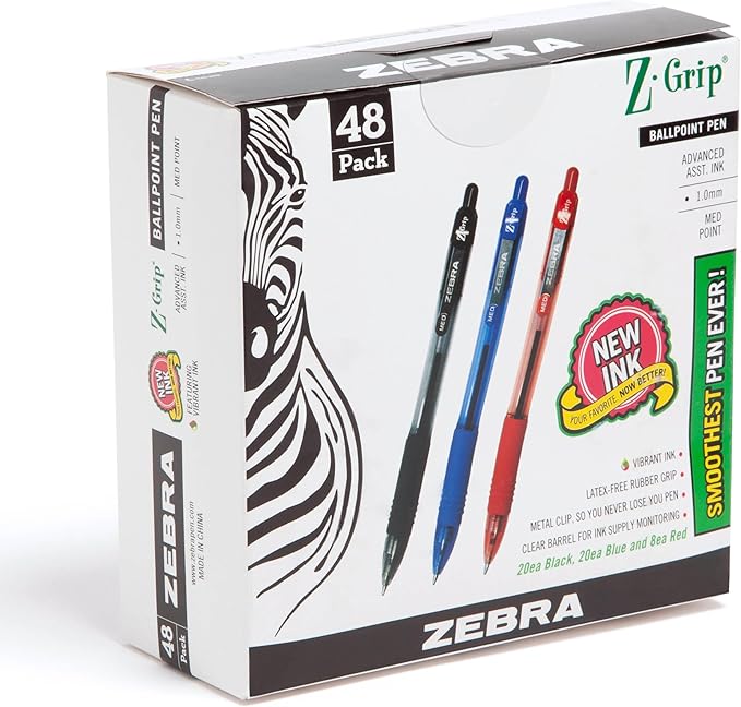 Zebra Pen Z-Grip Retractable Ballpoint Pen, Smooth-Flowing Black/Blue/Red Ink, 1.0mm Medium Point, School & Office Supplies, Ideal for Note-Taking, Journal and Planner Use, 48-Pack (22048)