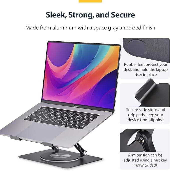 StarTech.com Rotating Laptop Stand, 360 Swivel, Ergonomic Desk Riser for Computer, Adjustable Height/Tilt, 11lb/5kg, Aluminum