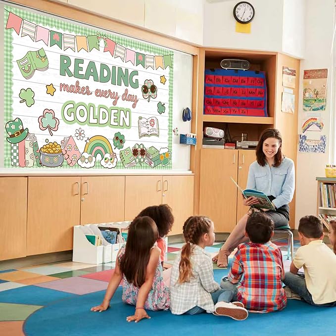 St. Patrick's Day Classroom Bulletin Board Set Reading Makes Every Day Golden Bulletin Board Decorations Irish Clover Cutouts for Bulletin Board St.Patrick’s Party Supply Classroom Chalkboard Decor