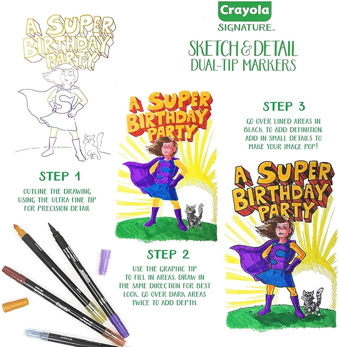 Crayola Sketch & Detail Dual-Tip Markers (16ct), Adult Coloring Set, 32 Colors, Fine & Brush Tip Art Markers, For Calligraphy & Drawing