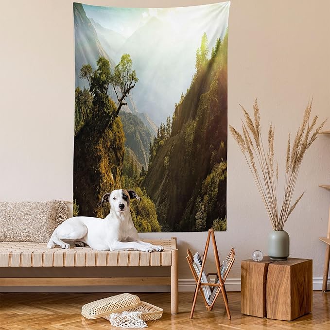 Ambesonne Landscape Tapestry, Forest Nepal Himalaya Mountains Sunlight Majestic Scenery Nature Photo, Fabric Wall Hanging Decor for Bedroom Living Room Dorm, 23" X 28", Green Pale Yellow