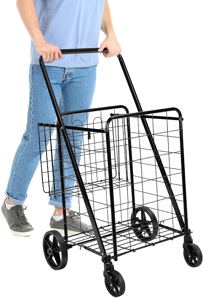 Amazon Basics Foldable Collapsible Shopping Utility Cart with 360-Degree Wheels, Multi-Functional for Sports, Easy Assembly, X-Large, Black