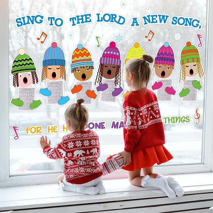 Christmas Religious Bulletin Board Decorations Set Xmas Bulletin Board Winter Hats Choir Cutouts Sing a Song to The Lord Classroom Sunday School Home Chalkboard Wall Holiday Party Decor Supplies