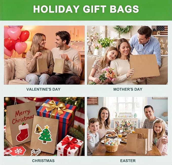 Simple Deluxe 50-Pack Kraft Paper Bags with Handles (10x5x13 Inch) - 100% Recycled Natural Brown Shopping Bags for Retail, Gifts & Merchandise - Made in USA, 90GSM Thick