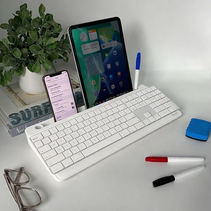 Birch Small Desktop Glass Whiteboard & Magnetic Calendar – Dry Erase Desk Pad Keyboard Stand with Storage, Adjustable Dividers, 3 Markers & Holder – Office, Home & School (Cloud)