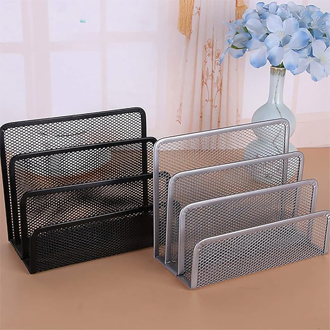 VANRA Small Letter Sorter Desktop File Holder Organizer Metal Mesh with 3 Vertical Upright Compartments (Silver)