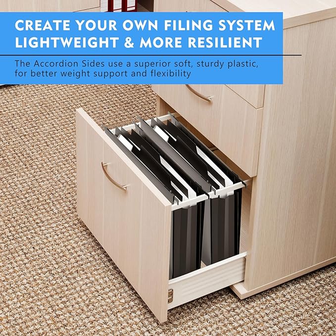 5 Pcs Plastic Extra Capacity Hanging File Folders, 5 Inch Expanding Pocket with Movable Dividers, Letter Size Black File Folders with Insertable Tabs for Filing Cabinet