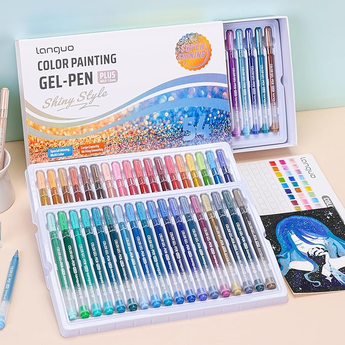 Glitter Gel Pens, 54 Pack Glitter Pens For Adults Coloring Books, 1.0mm Point Colored Pens, Large Capacity Ink Pens for Coloring, Writing, Drawing, Journaling, Note Taking, Office, Home