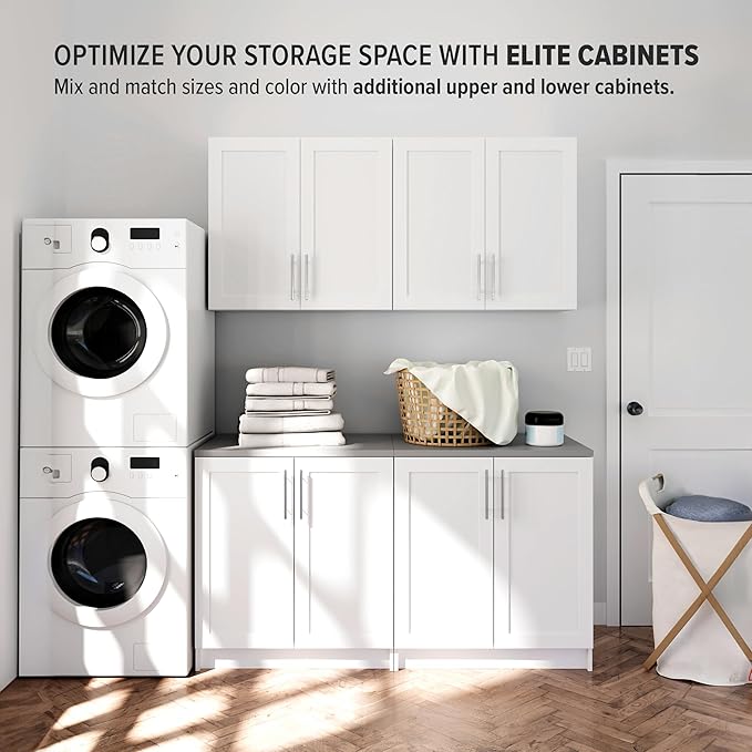 Prepac Elite 32'' Bathroom Wall Cabinet with Panel Doors, Wood Kitchen Pantry Cabinet, Wall Hanging Laundry Room Cupboard with 1 Adjustable Shelf for Kitchen, Laundry Room and Bathroom, White