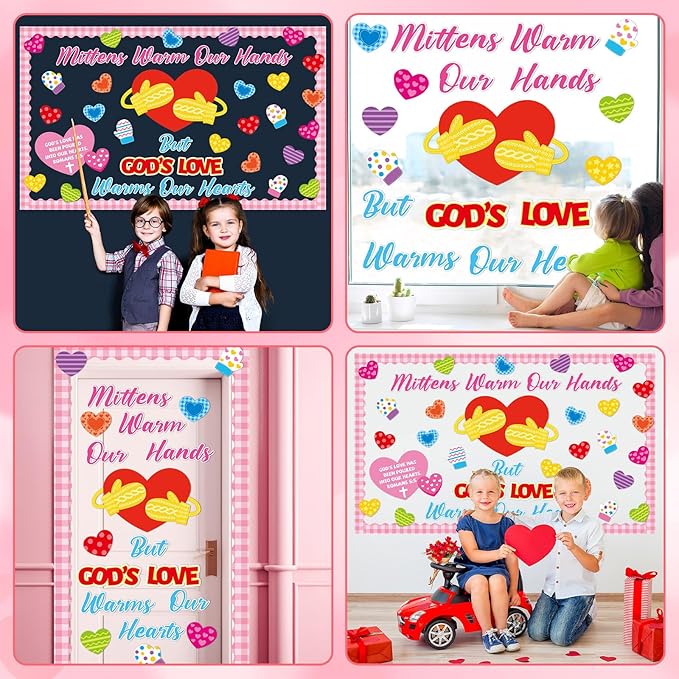 Valentine's Day Religious Bulletin Board Set God's Love Classroom Decorations Valentines Day Religious Bible Paper Cutouts Colorful Mittens Love Heart Bulletin Board for School Church Teacher Supplies