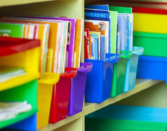 Storex Small Book Bin – Interlocking Plastic Organizer for Home, Office and Classroom, Red, 6-Pack (71109U06C)