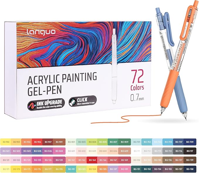 Acrylic Gel Pens for Coloring, 72 Colors Click Acrylic Paint Pens Set with 0.7mm Tip for Adult Coloring, Colored Gel Pens for Black Paper, Rock, Glass, Fabric, DIY and Art Crafts Supplies