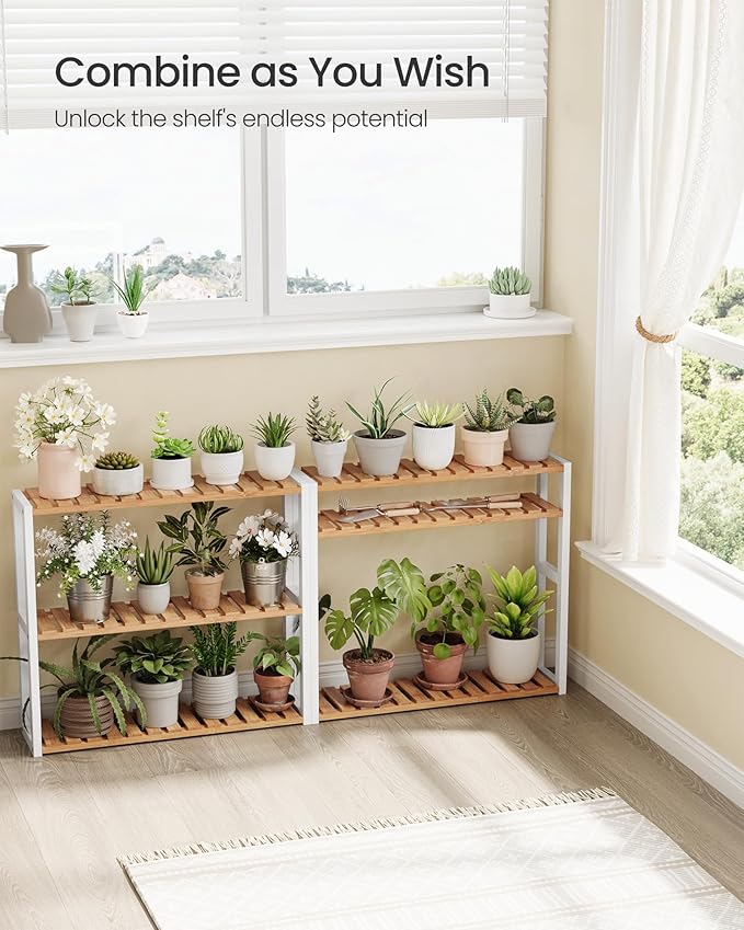 SONGMICS Bamboo Bathroom Shelf, 3-Tier Adjustable Plants Rack, Wall-Mounted or Stand, in The Living Room, Balcony, Kitchen, 5.9 x 23.6 x 21.3 Inches, Natural and Cloud White UBCB13WN