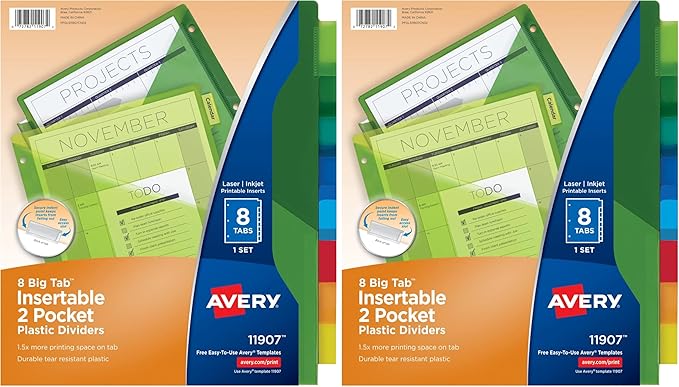 Avery Dividers for 3 Ring Binders,8-Tab Sets,Two-Pocket Plastic Binder Dividers with Tabs,Multicolor,1 Set (11907),(Pack of 2)