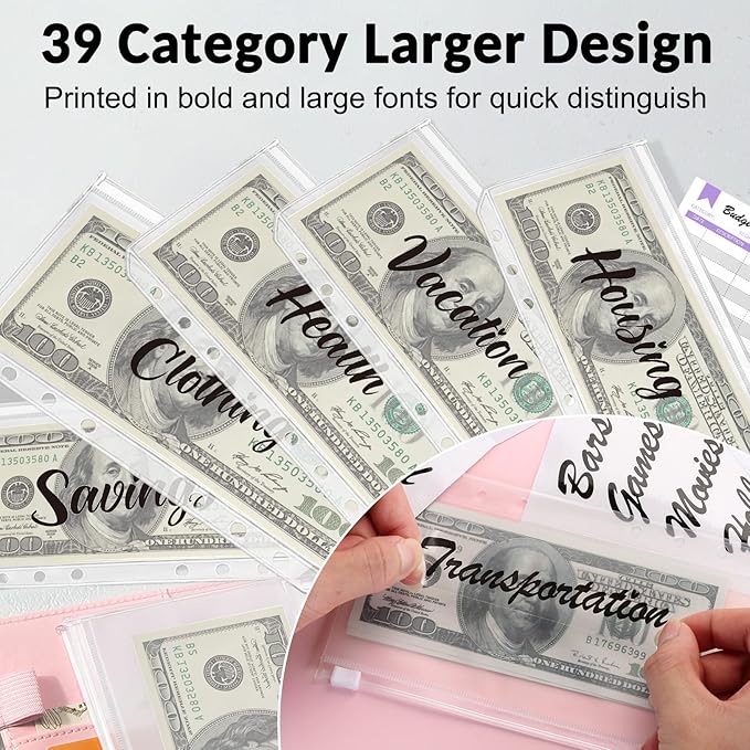 Sooez Laser Silver Money Organizer for Cash, A6 Budget Binder with Cash Envelopes, 39 Black Bold Sticky Labels & 24 Colorful Budget Sheets, Money Saving Binder for Budgeting