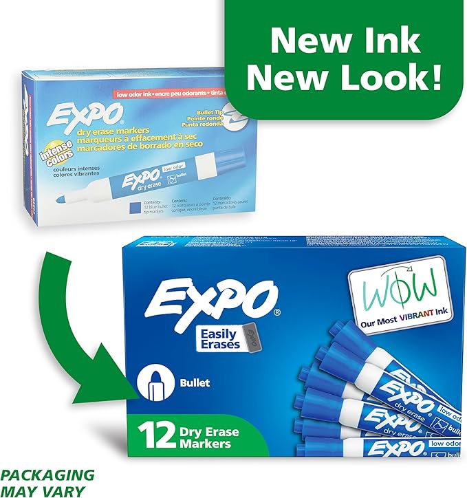 EXPO Low Odor Dry Erase Markers Bullet Tip Blue 12 Count