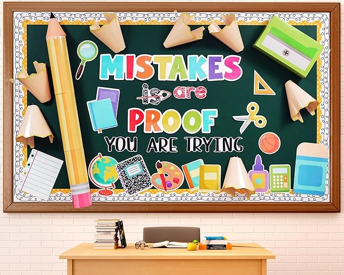3D Back to School Bulletin Board Set Inspirational Classroom Decoration Educational Pencil Cutouts Mistakes are Proof You are Trying Bulletin Board for Teacher School Home Chalkboard Door Wall Decor