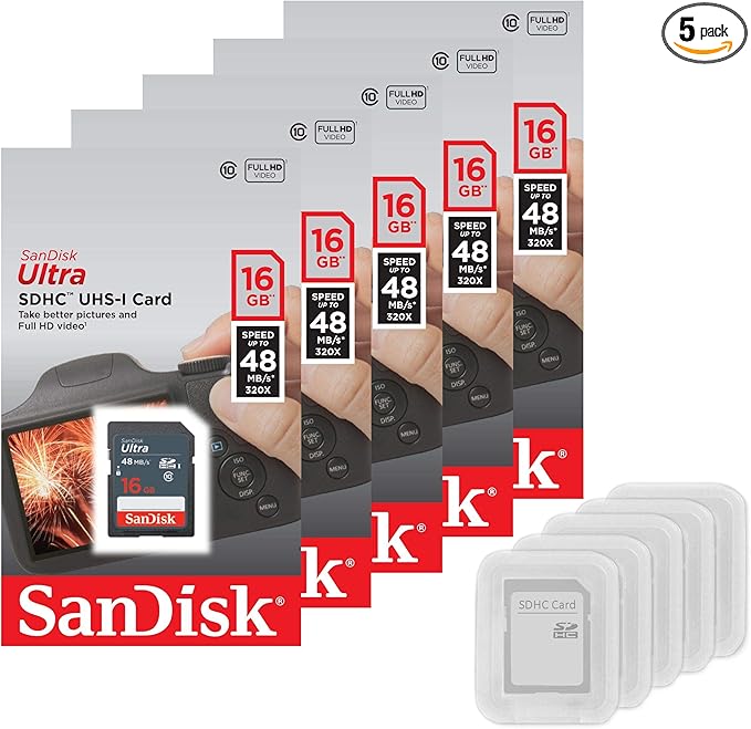 5 Pack - SanDisk Ultra 16GB SD SDHC Memory Flash Card UHS-I Class 10 Read Speed up to 48MB/s 320X SDSDUNB-016G-GN3IN Wholesale Lot + (5 Cases)