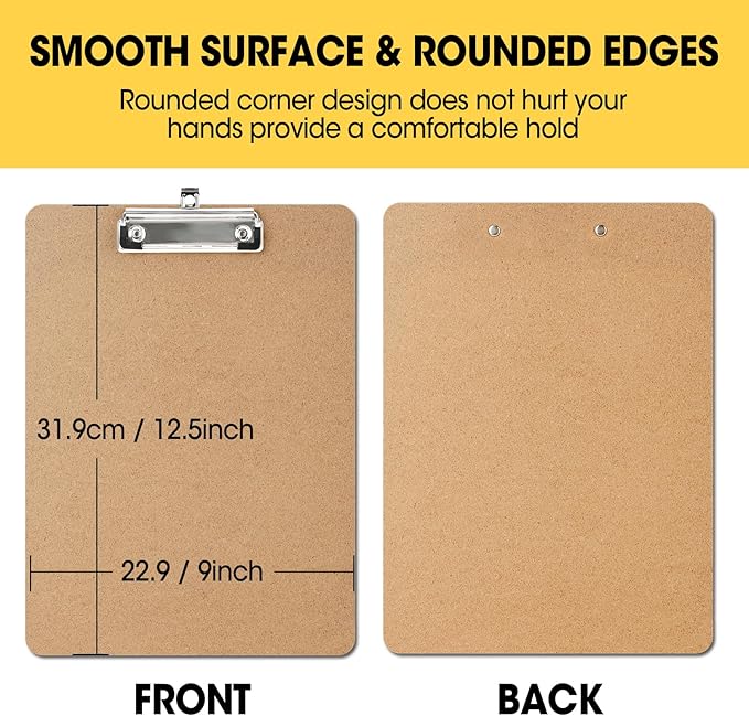 6 Pack Clipboards, Clipboards for Classroom, Letter Size (9 x 12.5 Inch) Wooden Clipboard, Hardboard Office Clipboard, Classroom Supplies
