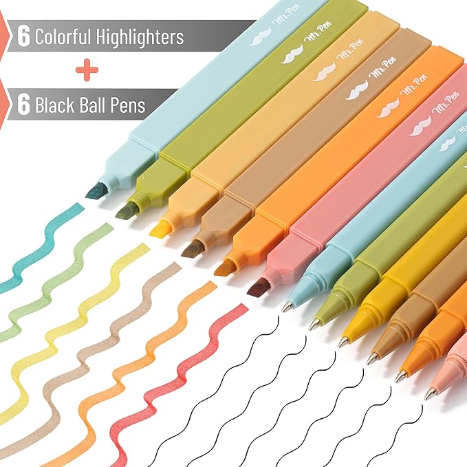 Mr. Pen- Aesthetic Highlighters and Pens, 12 Pack, Pastel Color No Bleed Bible Highlighters, Black Ink Pens