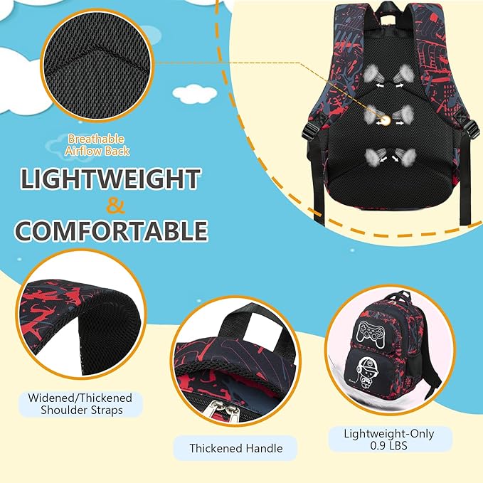 Boys Backpack with Lunch Box Glow in Dark Gamer Bookbag Kids Ages 4-12 Kindergarten Elementary Middle School Gaming Backpack, Luminous Game Boy Black Red