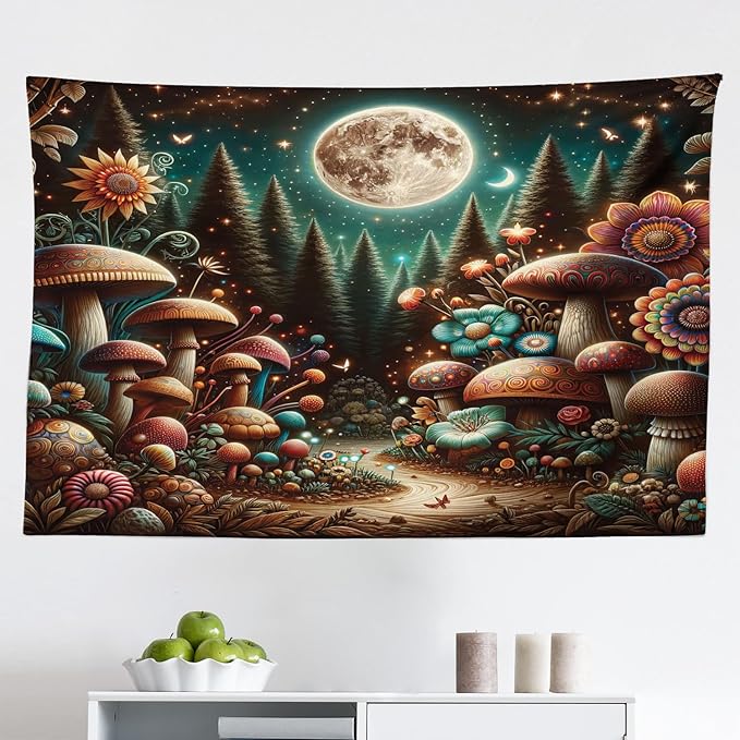 Ambesonne Aesthetic Tapestry, Colorful Psychedelic and Traditional Detailed Mushrooms Night Forest, Fabric Wall Hanging Decor for Bedroom Living Room Dorm, 45" X 30", Dark Teal Purple Orange