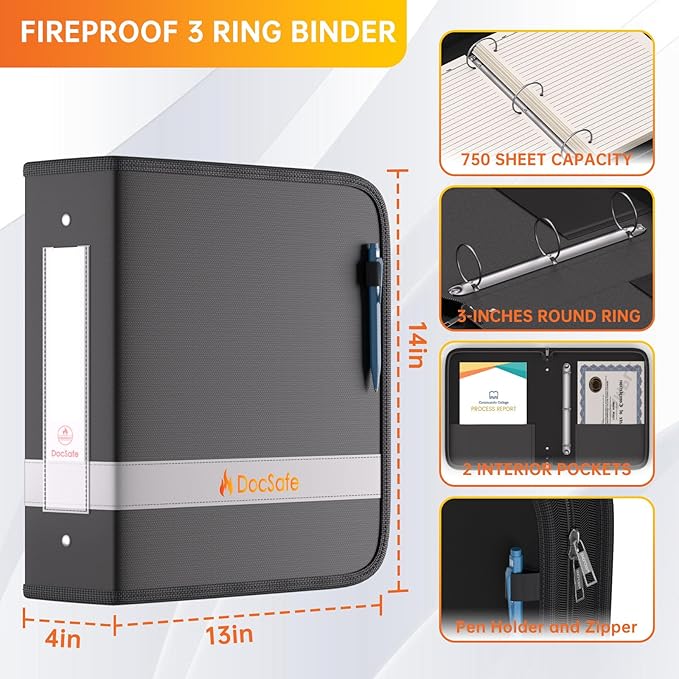 DocSafe 3 Ring Binder with Zipper,Fireproof 3 Inch Round Ring Binder with 2 Interior Pockets,PVC-Free,Portable School Office Home Safe Storage for Letter Size 8.5'' x 11'' Paper Photos Cards Black
