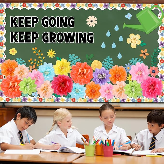 3D Pom Wildflowers Bulletin Board Decorations Set Paper Flowers Bulletin Board Decor Keep Going Keep Growing Decor Floral Blackboard Border Sunflower Cutout for Back to School Classroom Wall Decor