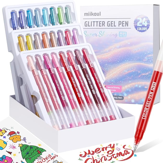 miikoul Glitter Gel Pens, 1.0mm Fine Tip Large Capacity Colored Drawing Pens Sparkle Paint Pen for Kids Adults DIY Craft Making, Coloring, Doodling, Scrapbooking, Christmas Decor