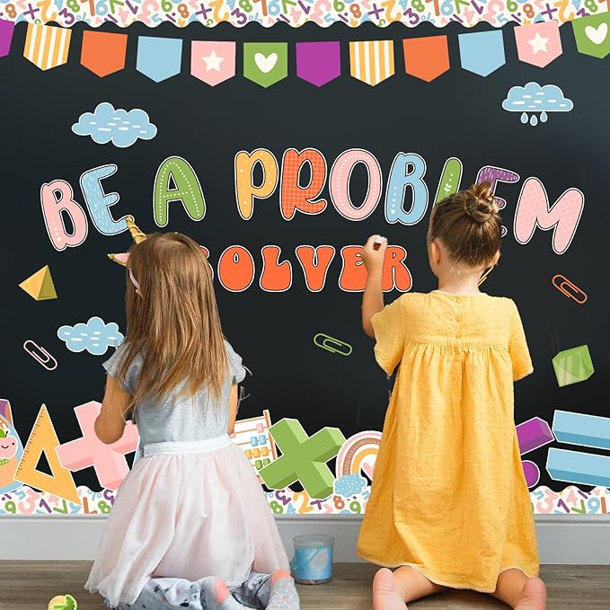 81 Pcs Boho Math Bulletin Board Set Mathematics Symbol Paper Cutouts Be A Problem Solver Bulletin Board Back to School Classroom Decorations for Teacher Educational Elementary Party Wall Decor