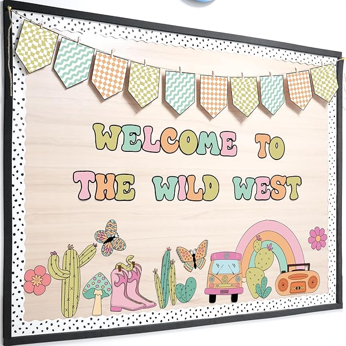 Welcome Bulletin Board Decorations Set, Groovy Wild Western Classroom Decorations Cacti, Bus, Rainbow Cutouts for Welcome Back to School Teachers Supplies Classroom Door Wall Decor