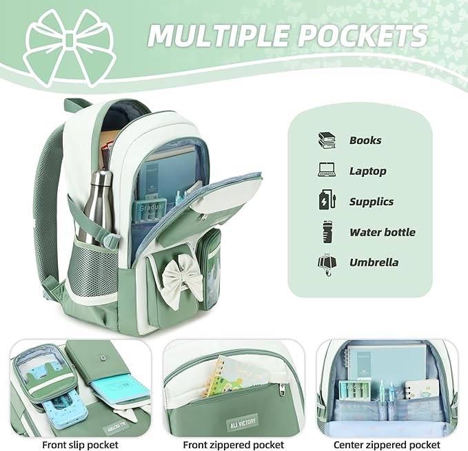School Backpack for Girls 3PCS Nylon Kids Backpack Set with Lunch Box & Pencil Pouch, Cute Lightweight Teen Girls School Bag Laptop Bag Travel Daypack for Elementary Middle High School Beige Green