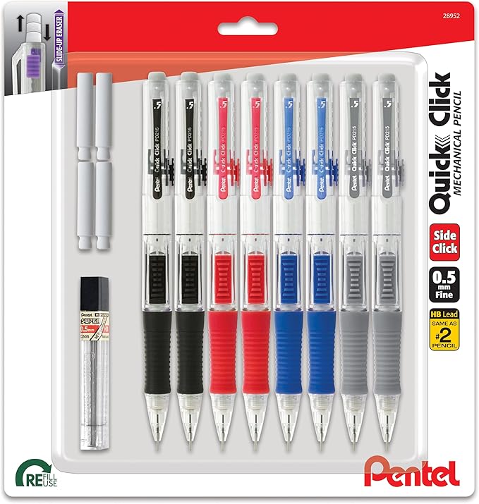 Pentel Quick Click Mechanical Pencil, (0.5mm), Includes Refill Lead and Erasers, Pack of 8 Pencils (PD215LEBP8)