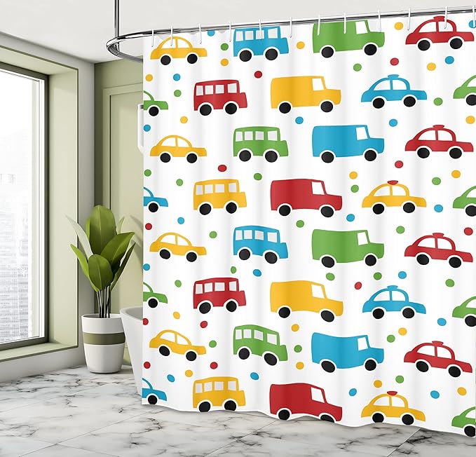 Ambesonne Cars Shower Curtain, Vivid Colored Silhouettes of Transportation Vehicles Bus Taxi Automobile Pattern, Cloth Fabric Bathroom Decor Set with Hooks, 69" W x 75" L, Orange Green Blue