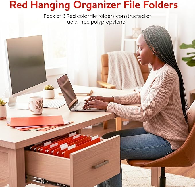 Red Hanging File Folders – 8 Pack, Letter Size File Organization Folders for Home, Office, School & Filing Cabinets
