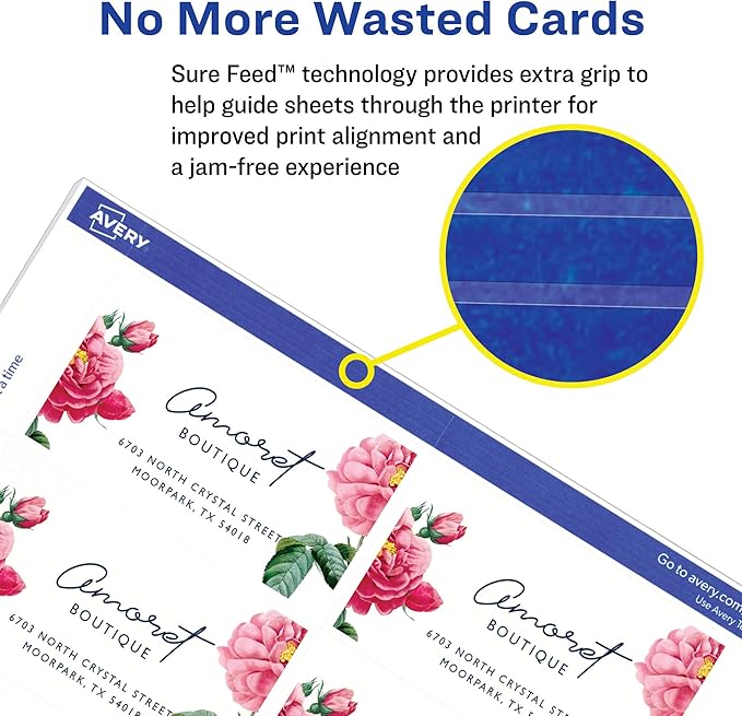 Avery Printable Business Cards with Sure Feed Technology, 2" x 3.5", White, 100 Blank Business Cards, Inkjet Printer Paper (28371)