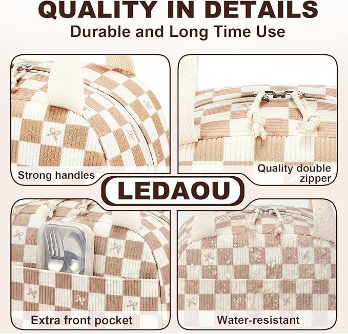 LEDAOU Lunch Box for Women Insulated Lunch Bag Corduroy Lunch Tote Bags Leakproof Cooler Lunch Case for Travel Work Picnic (rown Checkered Bow)