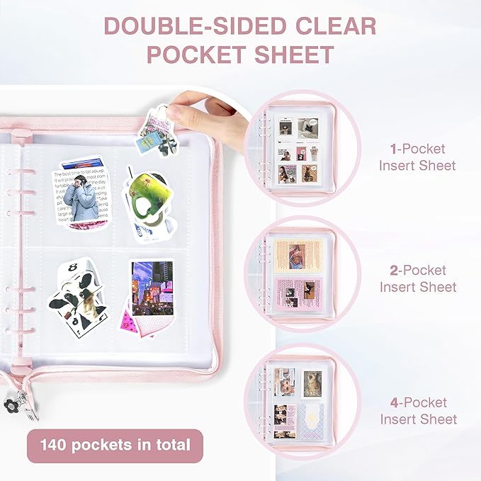 Ospelelf Reusable Sticker Book Organizer Mini Zippered 6 Ring Binder for Collecting, Includes Transparent Pockets, Release Paper, Essential for Scrapbook Planner Enthusiasts, Pink