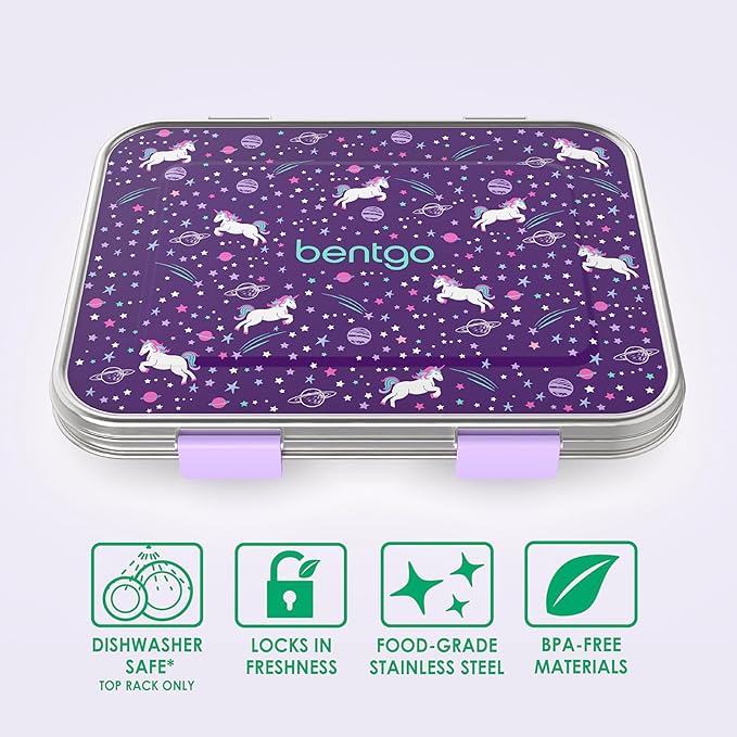 Bentgo Kids Stainless Steel Prints Leak-Resistant Lunch Box - 3-Compartments with Bonus Silicone Container, Durable, Eco-Friendly, Dishwasher Safe, BPA-Free, Ideal for School, Ages 3+ (Unicorn)