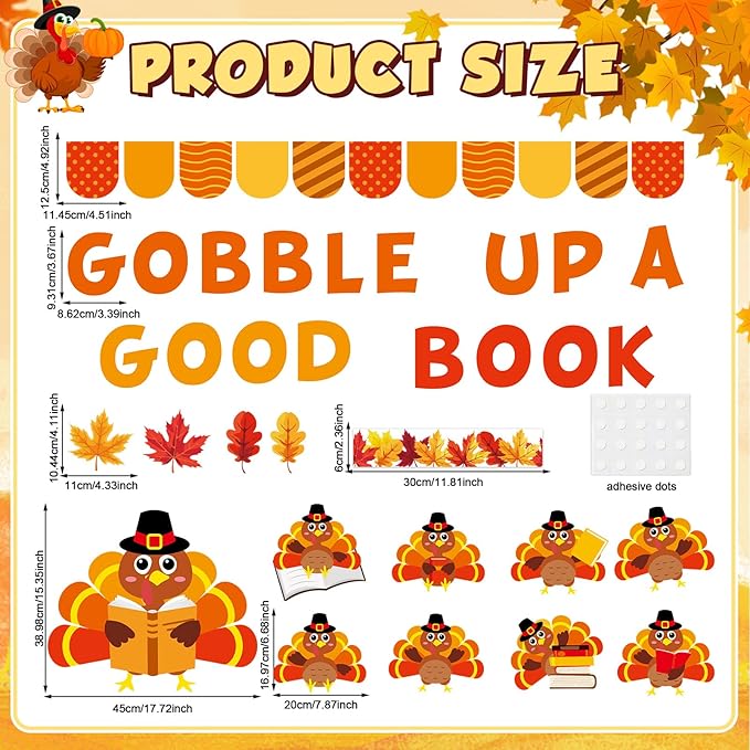 Thanksgiving Turkey Bulletin Board Classroom Decoration Fall Thanksgiving Turkey Reading Cutout Gobble Up A Good Book Bulletin Board Autumn Maple Leaves Cutouts for Home School Thankful Party Supplies