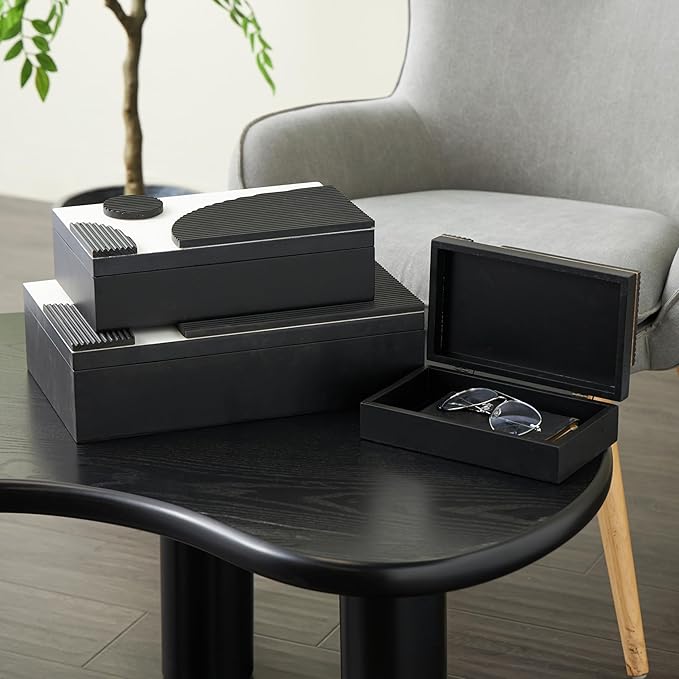 Deco 79 Wood Handmade Decorative Box Decorative Keepsake Boxes with 3D Geometric Accents, Set of 3 Storage Boxes 15", 12", 9"W, Black