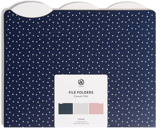 U Brands Casual Chic File Folders, Office Supplies, 1/3-Cut Tabs in Assorted Positions, Letter Size, Navy and Pink with White, 9 Count