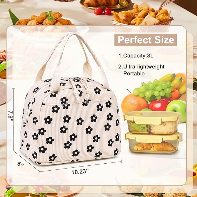 LEDAOU Lunch Box for Women Insulated Lunch Bag Corduroy Lunch Tote Bags Leakproof Cooler Lunch Case for Travel Work Picnic (Black Floral)