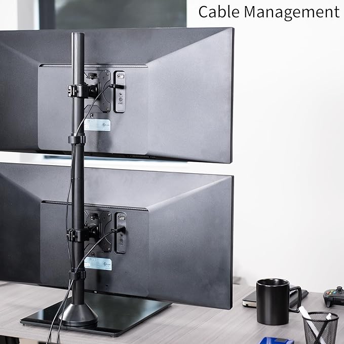 VIVO Dual Monitor Desk Stand with Tempered Glass Base, Free-Standing LCD Mount, Holds in Stacked Vertical Position 2 Ultrawide Screens up to 34 inches, Black, STAND-V002LG
