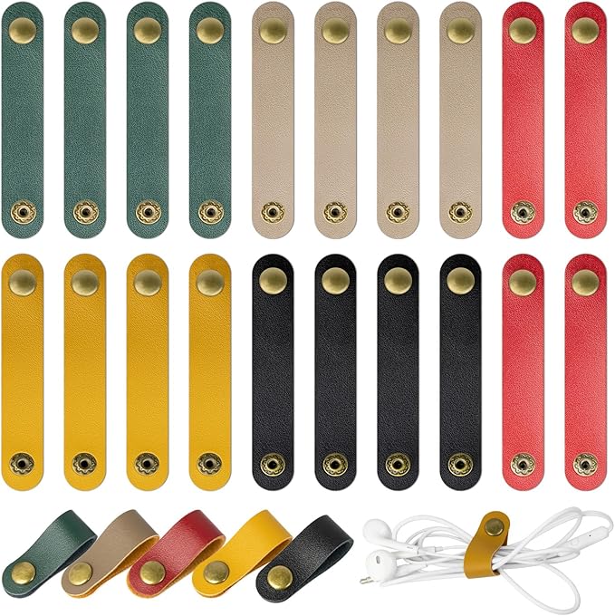 20 Pcs Leather Cord Organizer - Multiple Colors Leather Cable Straps Cord Organizer for Charging Cords, Reusable Cable Clips Leather, Multipurpose Leather Wire Cable Ties(5 Colors)