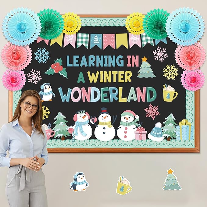 Eersida Spring Bulletin Board Decorations with Paper Fans St Patricks Day 3D Classroom Bulletin Board Christian Easter Flower Bunny Cutouts School VBS Library Church Window Wall Decor(Snowman)