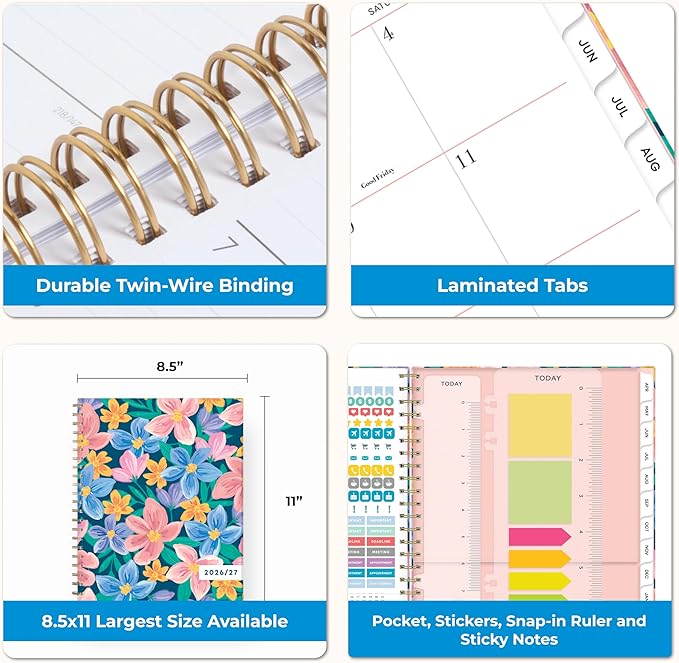 Blue Sky 15 Month 2026-2027 Weekly and Monthly Academic Year Planner Calendar, April 2026 - June 2027, 8.5" x 11", Hard Cover, Wirebound, Laminated Tabs, Storage Pocket, Includes Snap-in Ruler w/Sticky Notes & Sticker Sheet, Nerina