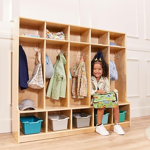 ECR4Kids 5-Section Coat Locker with Bench and Cubby Storage, Classroom Furniture, Natural