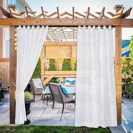 NICETOWN 2 Panels Patio Curtains Outdoor Waterproof, Sticky Tab Top Porch Decor Indoor Outdoor Curtains & Drapes Lightweight & Airy for Garden/Sun Room, White, W54 x L108