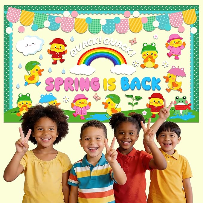 104Pcs Spring Bulletin Board Decorations, Spring Duck Bulletin Board Decorations Set, Spring Rainy Rainbow Cloud Spring Decorations for Office Classroom Home, Spring is Back Bulletin Board Decorations